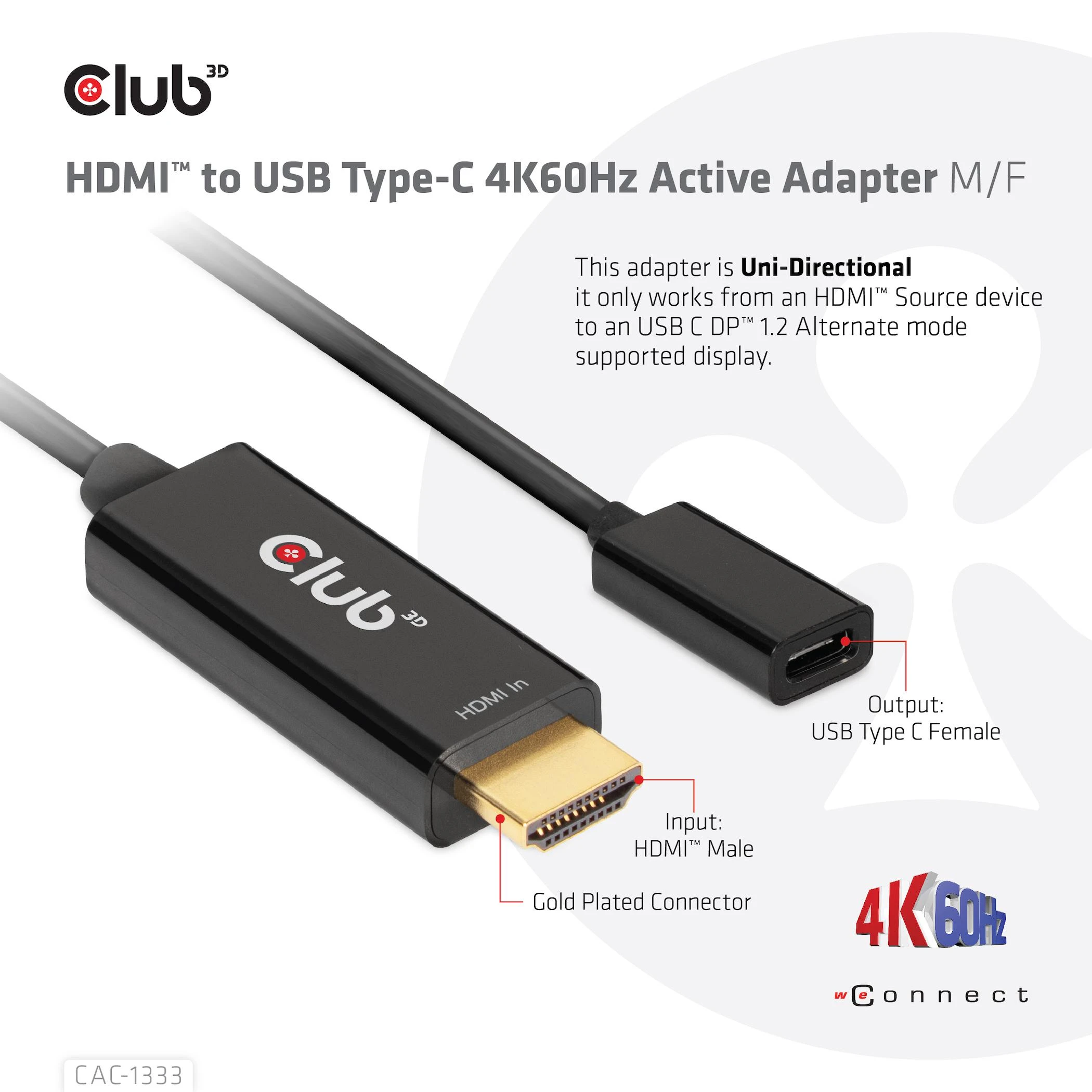 Club 3D CLD CLUB3D CAC-1333 vaizdo kabelio adapteris 0,22 m HDMI A tipo (standartinis) C tipo USB Juoda