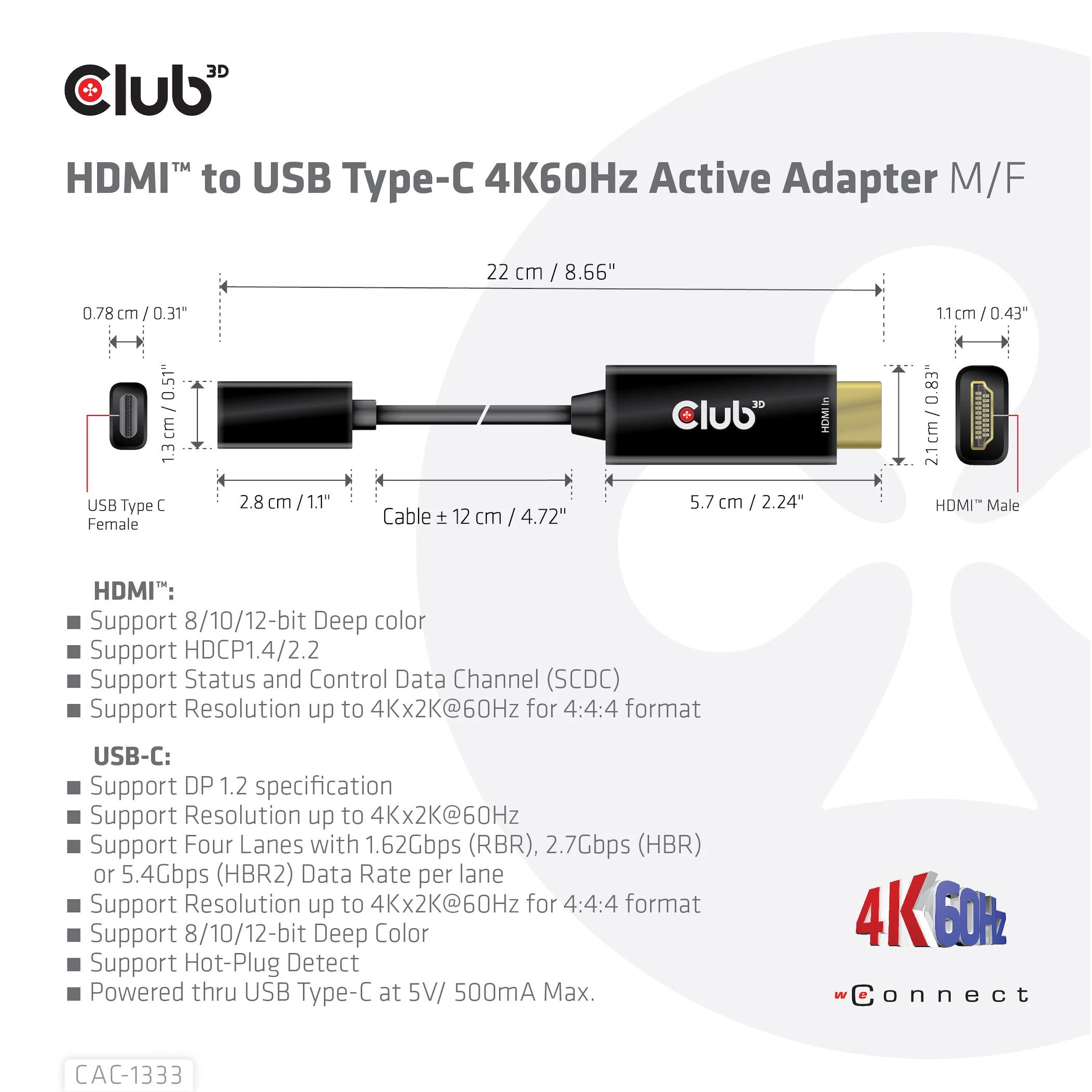Club 3D CLD CLUB3D CAC-1333 vaizdo kabelio adapteris 0,22 m HDMI A tipo (standartinis) C tipo USB Juoda