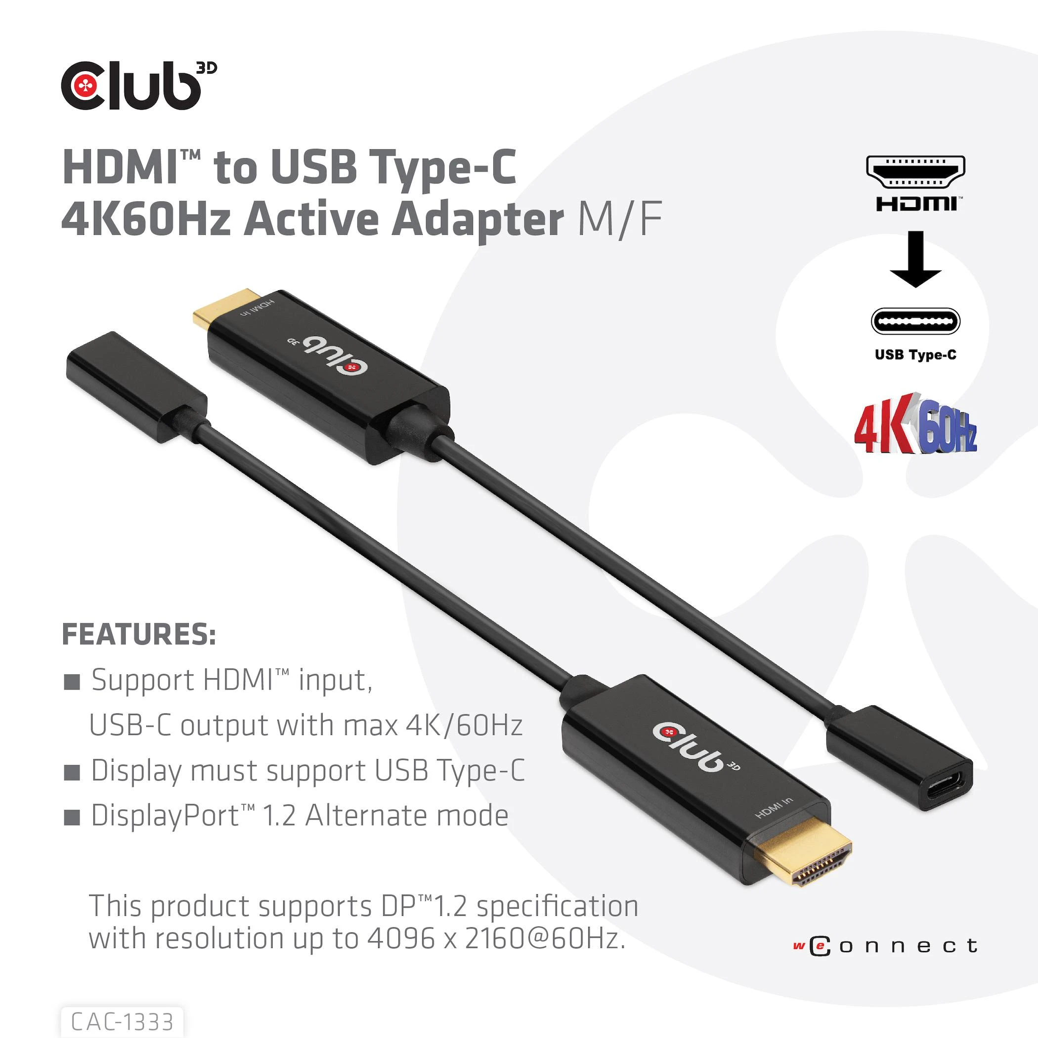 Club 3D CLD CLUB3D CAC-1333 vaizdo kabelio adapteris 0,22 m HDMI A tipo (standartinis) C tipo USB Juoda
