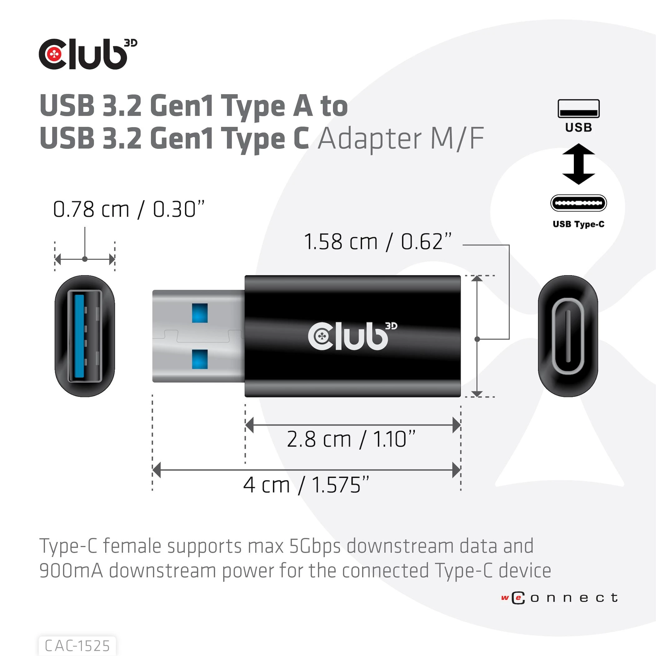 Club 3D USB 3.2 Type-A į USB 3.2 Gen1 Type-C Adapteris St./B. juodas