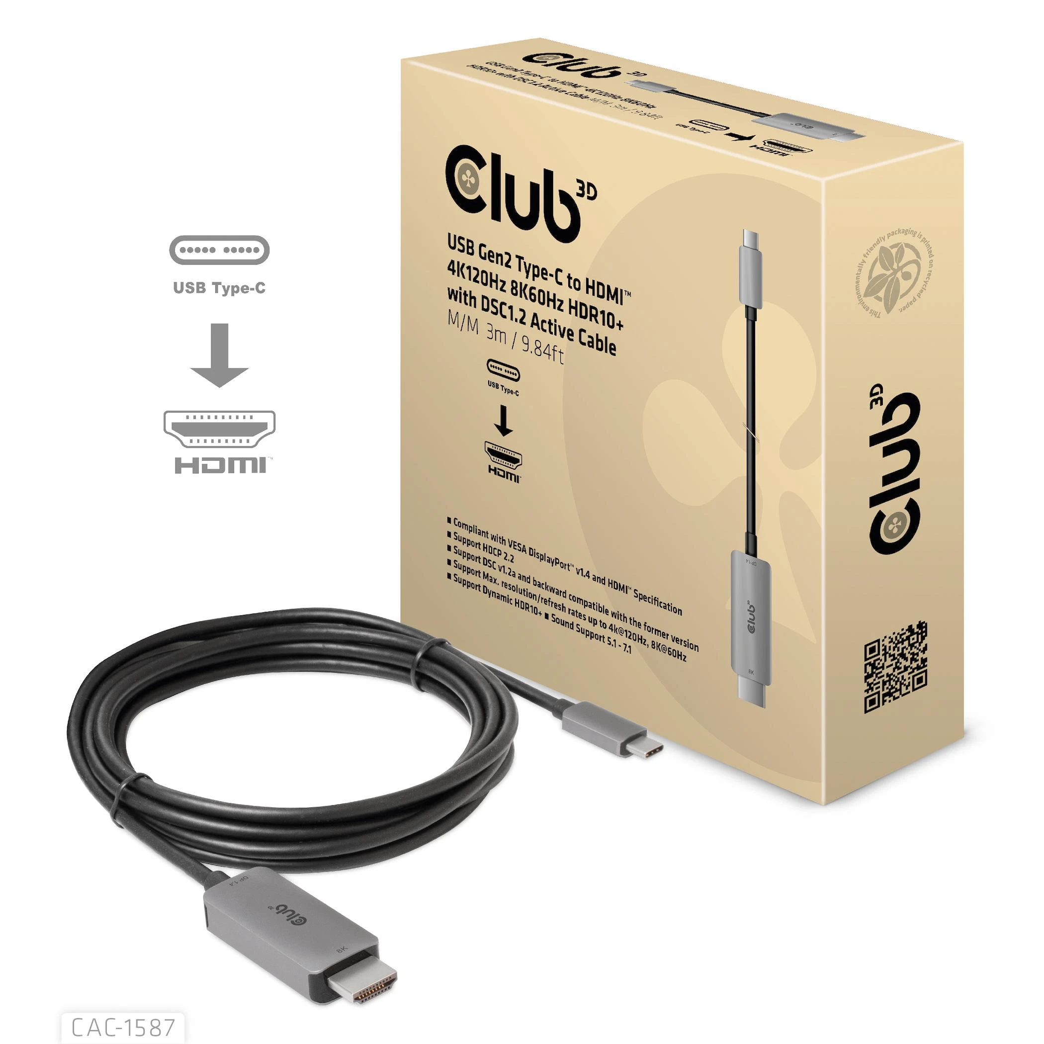 Club 3D CLUB3D USB Gen2 Type-C į HDMI 4K120Hz 8K60Hz HDR10 su DSC1.2 aktyviu M/M 3 m / 9,84 pėdų kabeliu