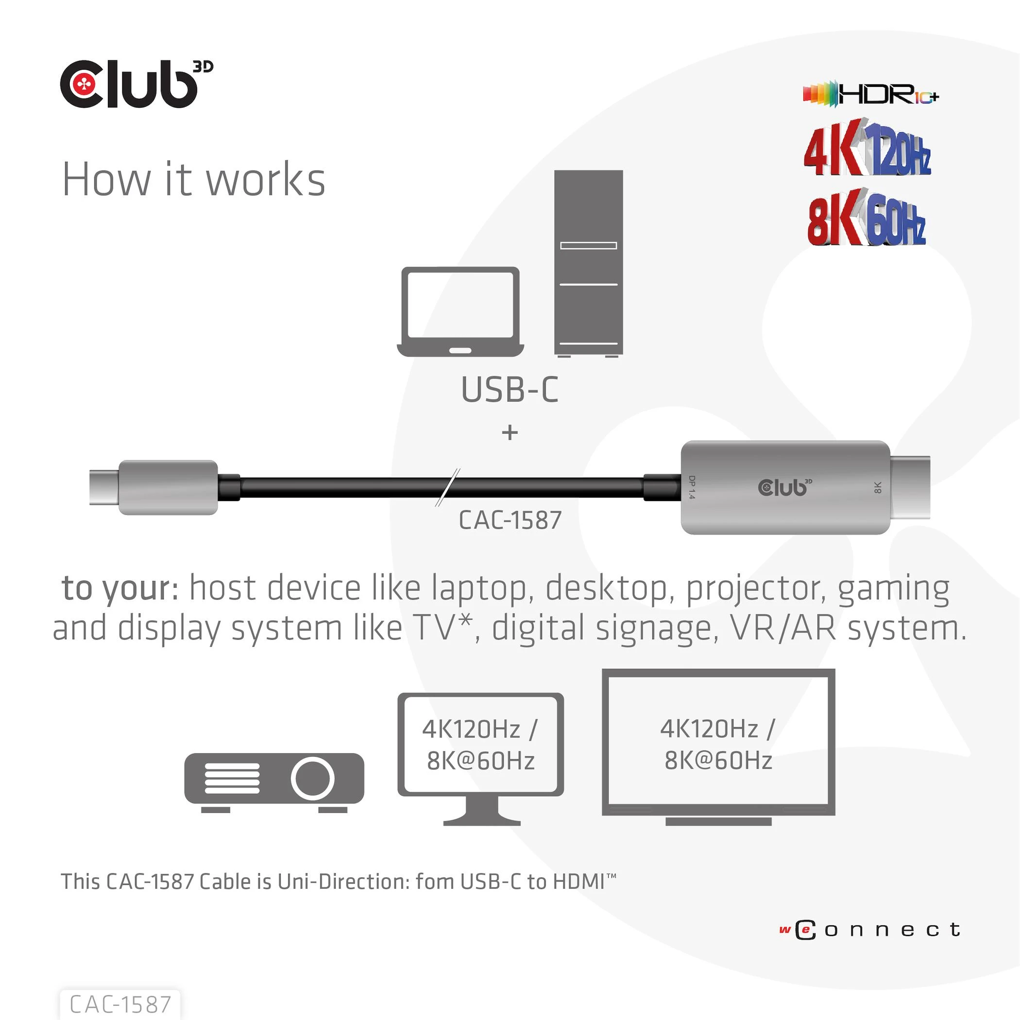 Club 3D CLUB3D USB Gen2 Type-C į HDMI 4K120Hz 8K60Hz HDR10 su DSC1.2 aktyviu M/M 3 m / 9,84 pėdų kabeliu