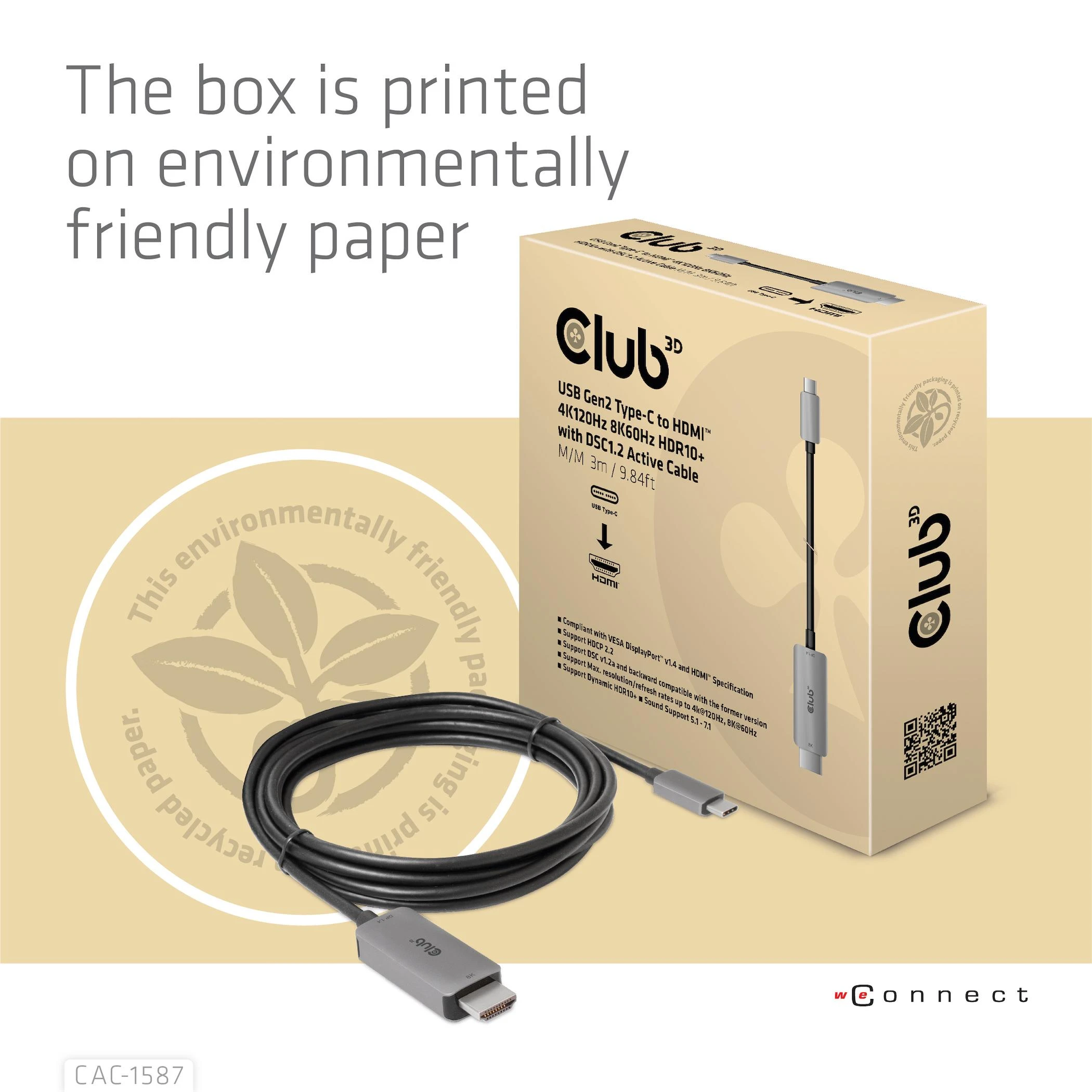 Club 3D CLUB3D USB Gen2 Type-C į HDMI 4K120Hz 8K60Hz HDR10 su DSC1.2 aktyviu M/M 3 m / 9,84 pėdų kabeliu