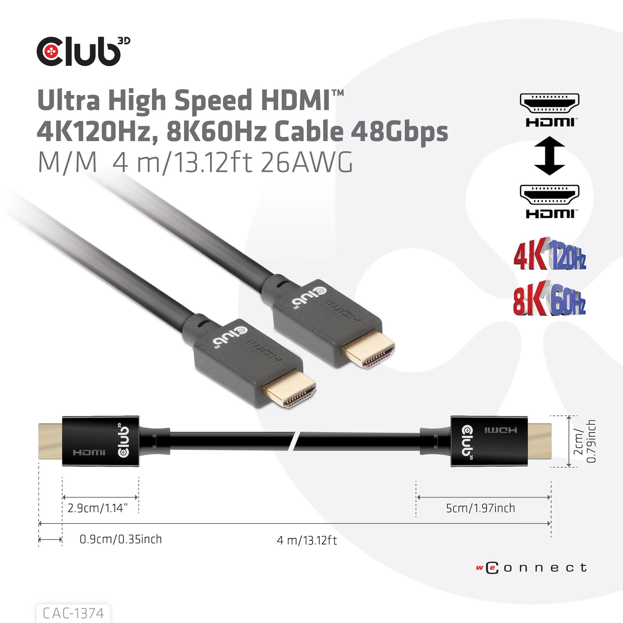 Club 3D „Club3D Cable Ultra Fast HDMI™“, 4K120Hz, 8K60Hz kabelis 48Gbps (M/M), 28AWG, 4m