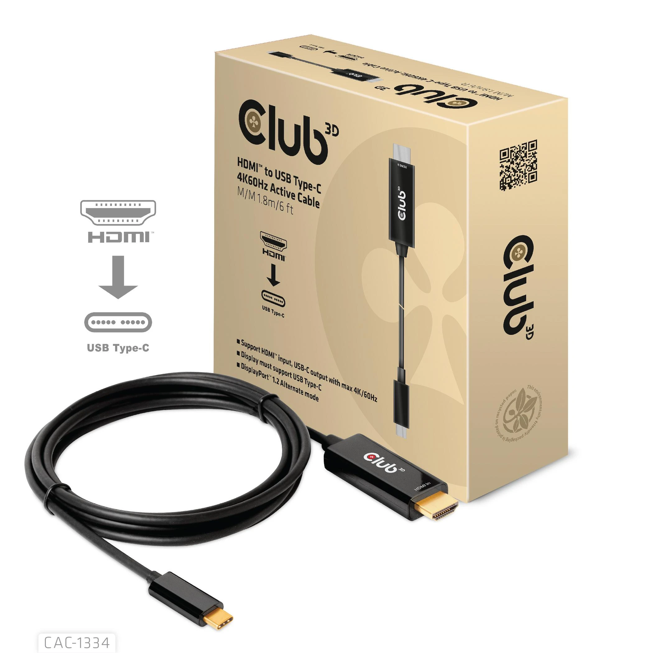 CLUB 3D CAC-1334 HDMI į USB Type-C 4K60Hz aktyvus M/M 1,8 m kabelis