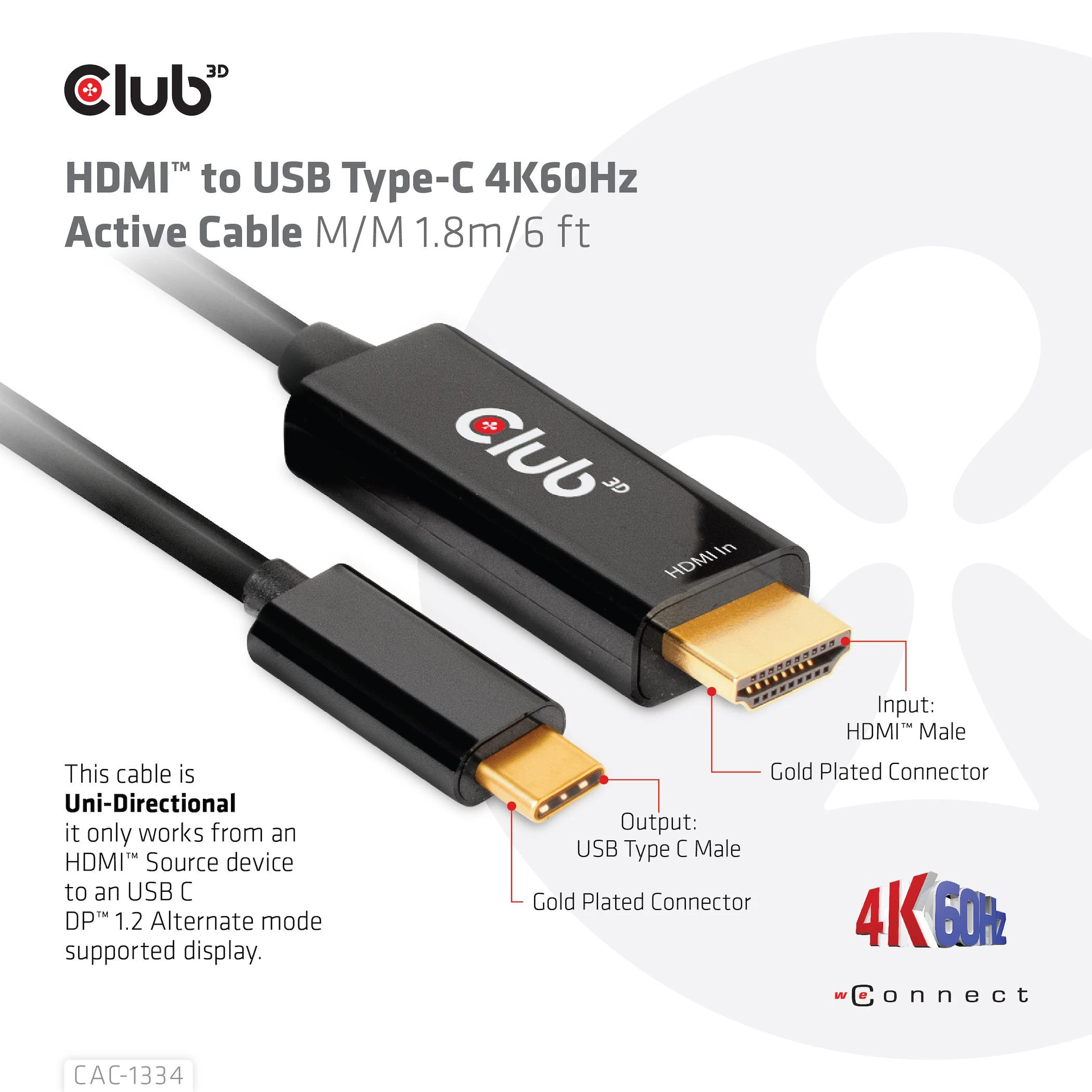 CLUB 3D CAC-1334 HDMI į USB Type-C 4K60Hz aktyvus M/M 1,8 m kabelis