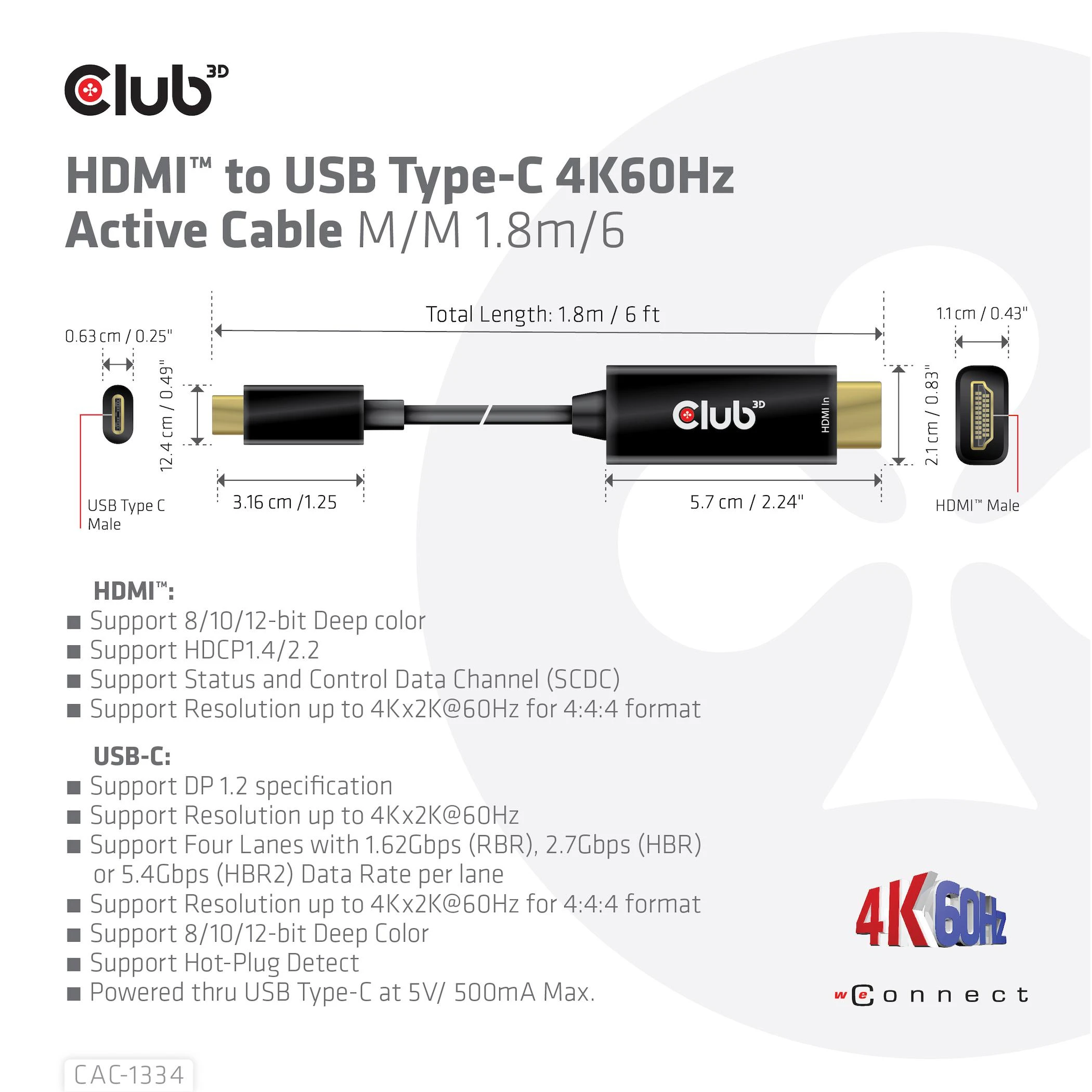 CLUB 3D CAC-1334 HDMI į USB Type-C 4K60Hz aktyvus M/M 1,8 m kabelis