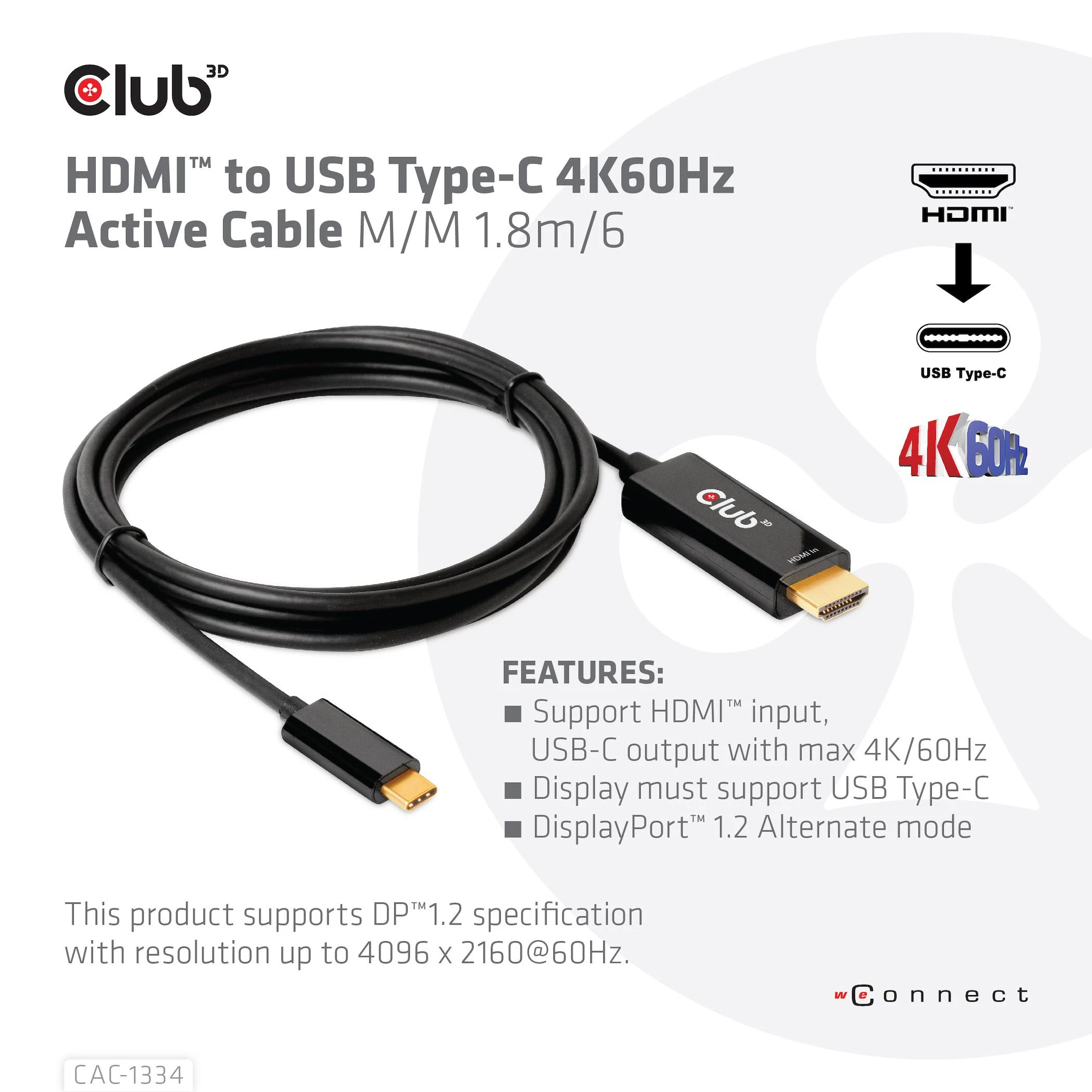 CLUB 3D CAC-1334 HDMI į USB Type-C 4K60Hz aktyvus M/M 1,8 m kabelis