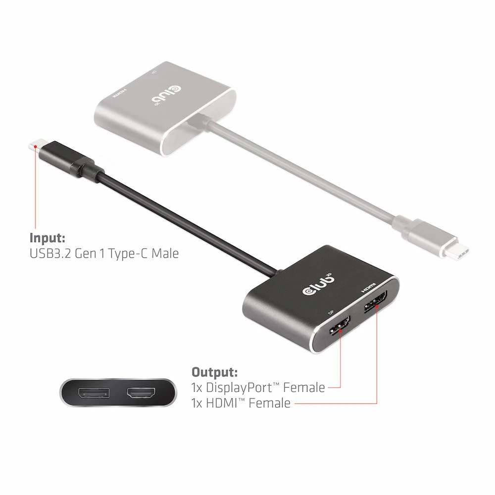 Club 3D CLUB3D MST šakotuvas USB3.2 Gen2 Type-C (DP Alt-Mode) į DisplayPort + HDMI 4K60Hz M/F