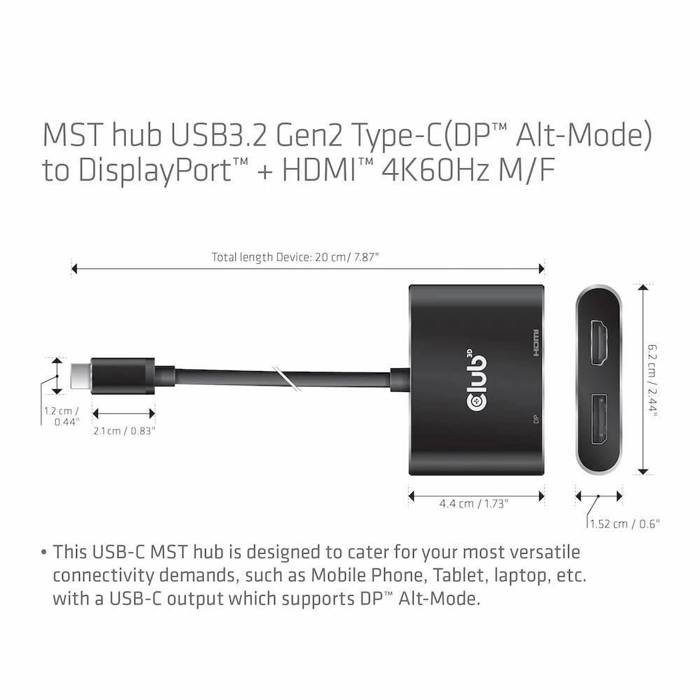Club 3D CLUB3D MST šakotuvas USB3.2 Gen2 Type-C (DP Alt-Mode) į DisplayPort + HDMI 4K60Hz M/F