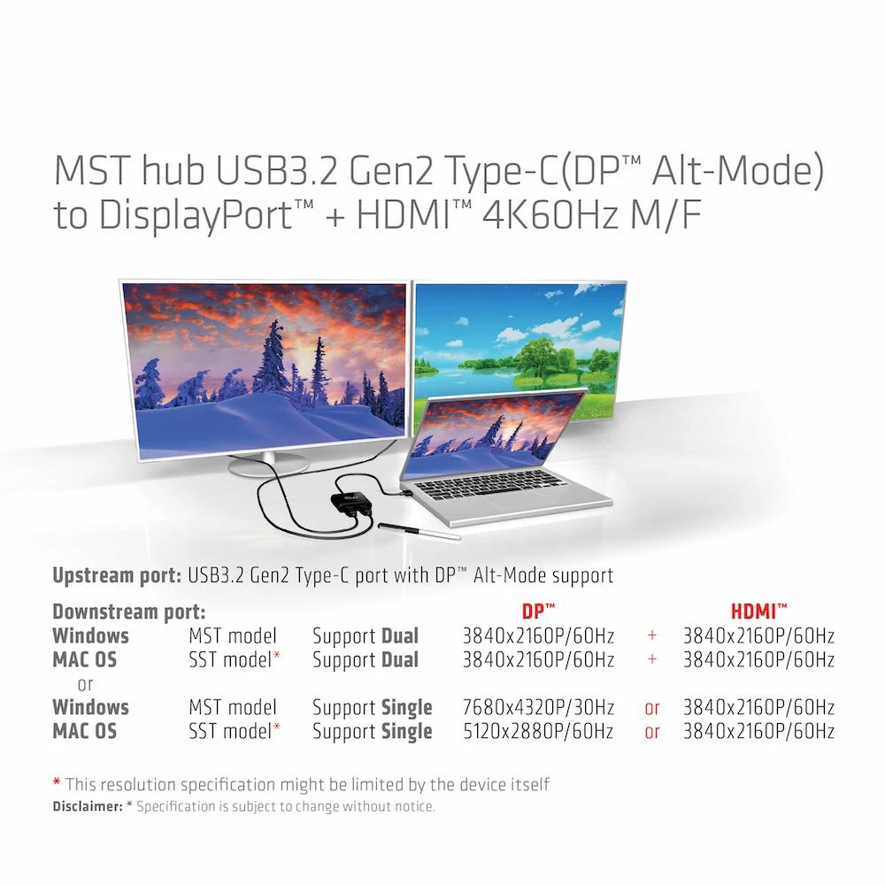 Club 3D CLUB3D MST šakotuvas USB3.2 Gen2 Type-C (DP Alt-Mode) į DisplayPort + HDMI 4K60Hz M/F