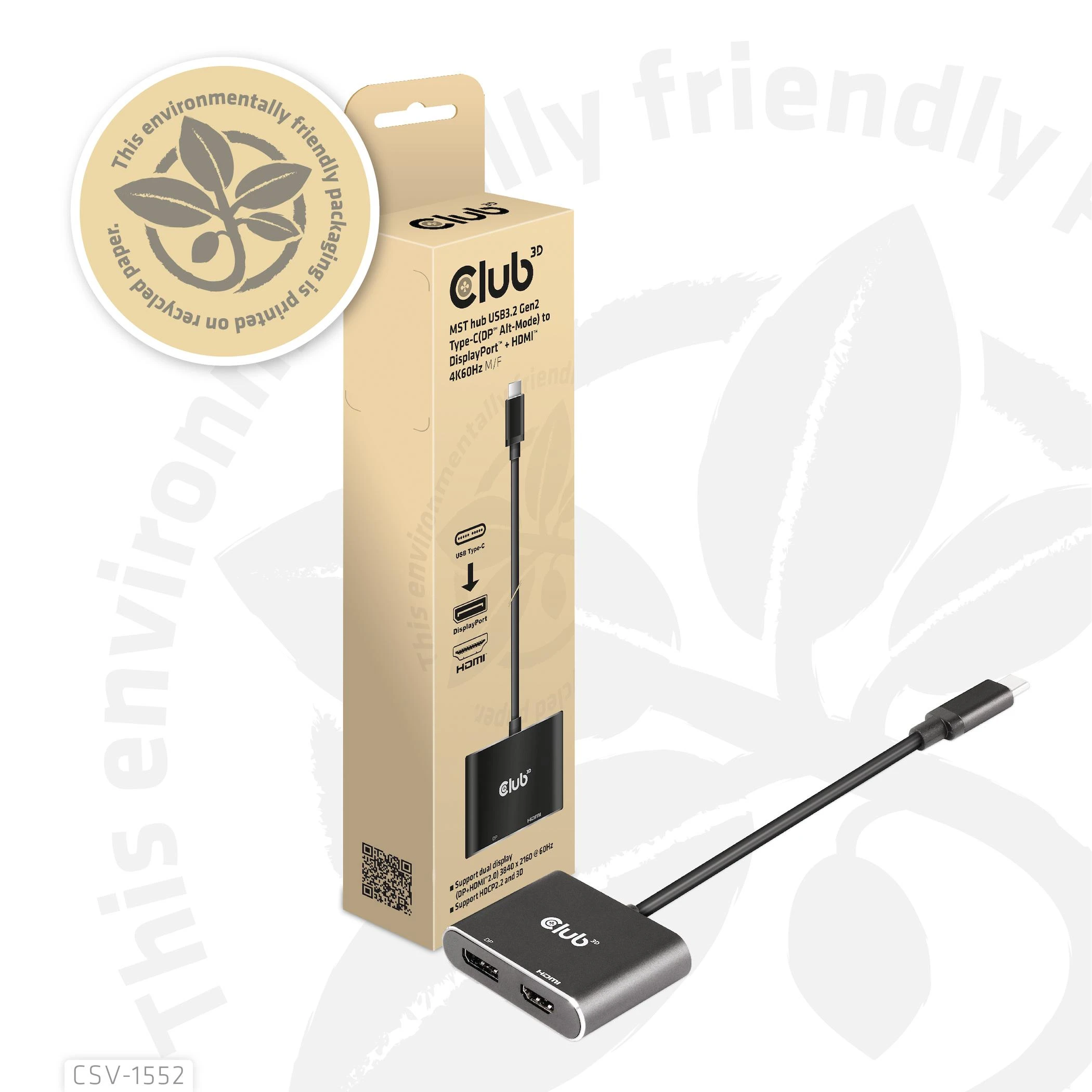Club 3D CLUB3D MST šakotuvas USB3.2 Gen2 Type-C (DP Alt-Mode) į DisplayPort + HDMI 4K60Hz M/F