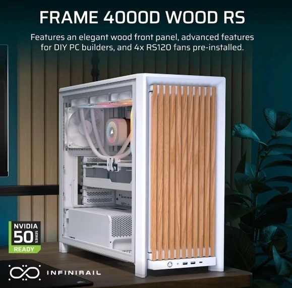 „Corsair FRAME 4000D RS“ medinis kompiuterio korpusas, „Midi-Tower“, E-ATX, medinis, baltas