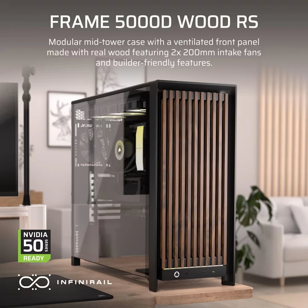 Corsair FRAME 5000D WOOD RS Midi Tower Juodas, Walnut