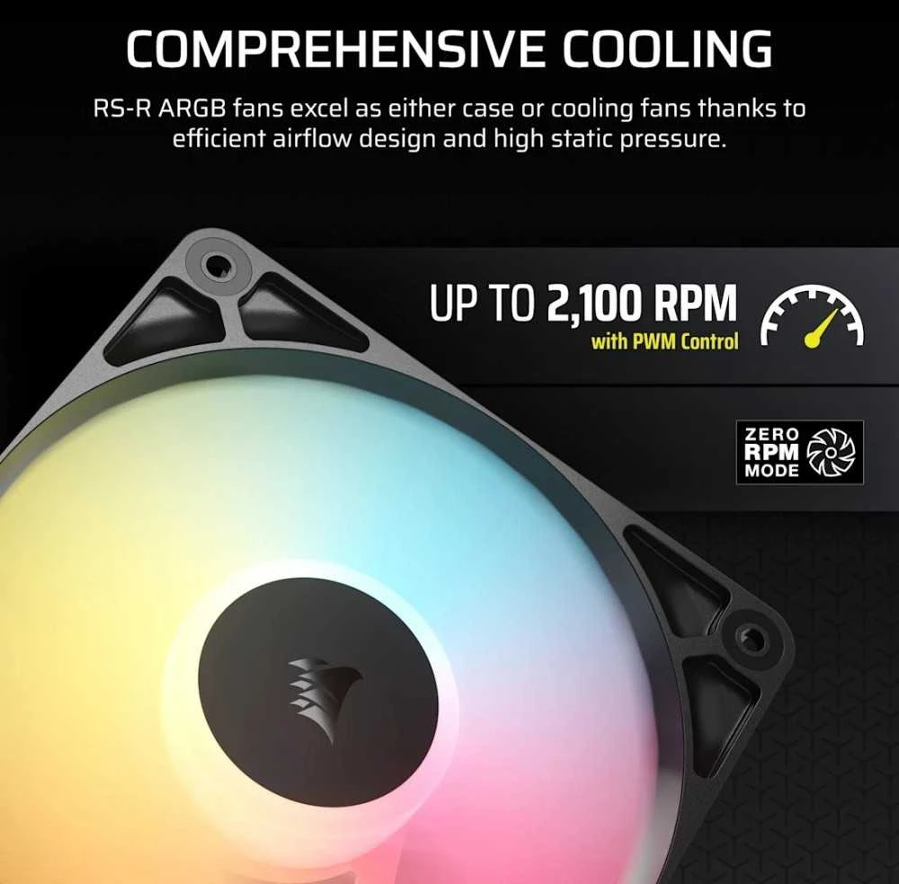„Corsair RS“ serijos RS120-R ARGB PWM ventiliatorius, 3 vnt. pakuotėje, 120 mm, juodas