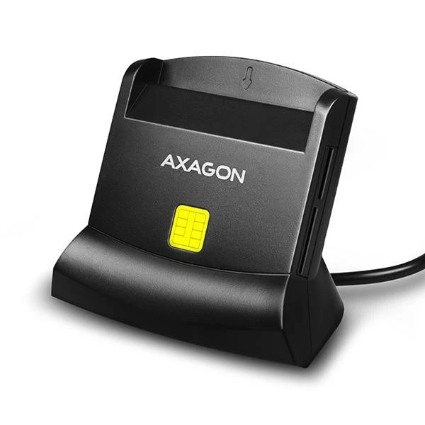 Axagon stalinio stovo skaitytuvas Išmanioji kortelė / ID kortelė AXAGON CRE-SM2 su USB 2.0 sąsaja turi SD, Micro SD ir SIM kortelių lizdus.