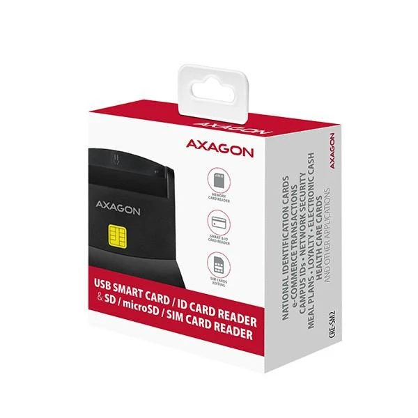 Axagon stalinio stovo skaitytuvas Išmanioji kortelė / ID kortelė AXAGON CRE-SM2 su USB 2.0 sąsaja turi SD, Micro SD ir SIM kortelių lizdus.