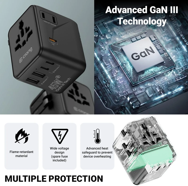 Maitinimo šaltinis Crong Crong One World Travel Adapteris – Uniwersalny adapter kelioninis GaN 45W UK/EU/US/AU (balta)