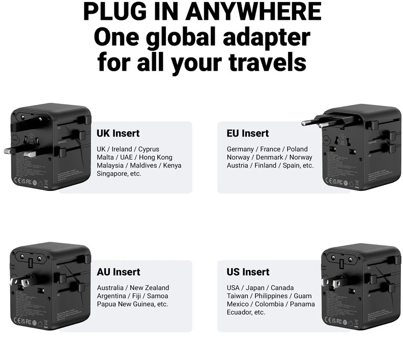 Maitinimo šaltinis Crong Crong One World Travel Adapteris – Uniwersalny adapter kelioninis GaN 45W UK/EU/US/AU (juoda)