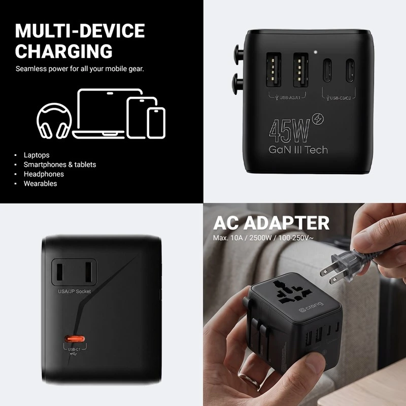 Maitinimo šaltinis Crong Crong One World Travel Adapteris – Uniwersalny adapter kelioninis GaN 45W UK/EU/US/AU (juoda)