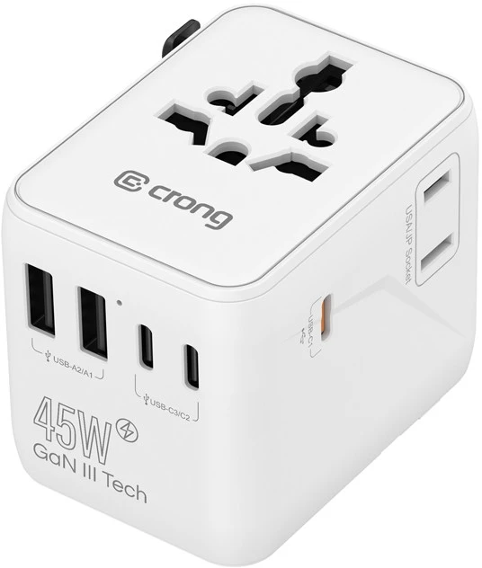 Maitinimo šaltinis Crong Crong One World Travel Adapteris – Uniwersalny adapter kelioninis GaN 45W UK/EU/US/AU (balta)