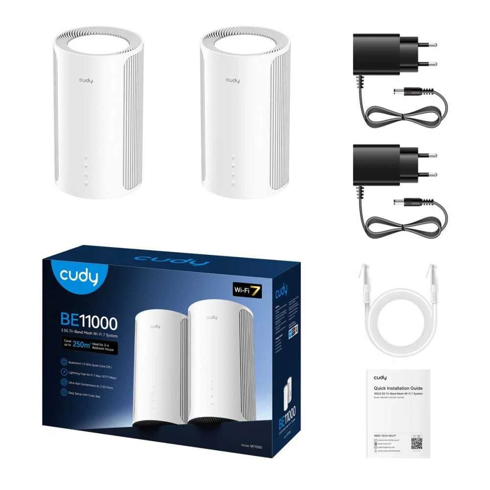 Maršrutizatorius „Cudy M11000“ (2 vnt.) BE11000 2,5 G trijų dažnių „Wi-Fi 7 Mesh“ sprendimas