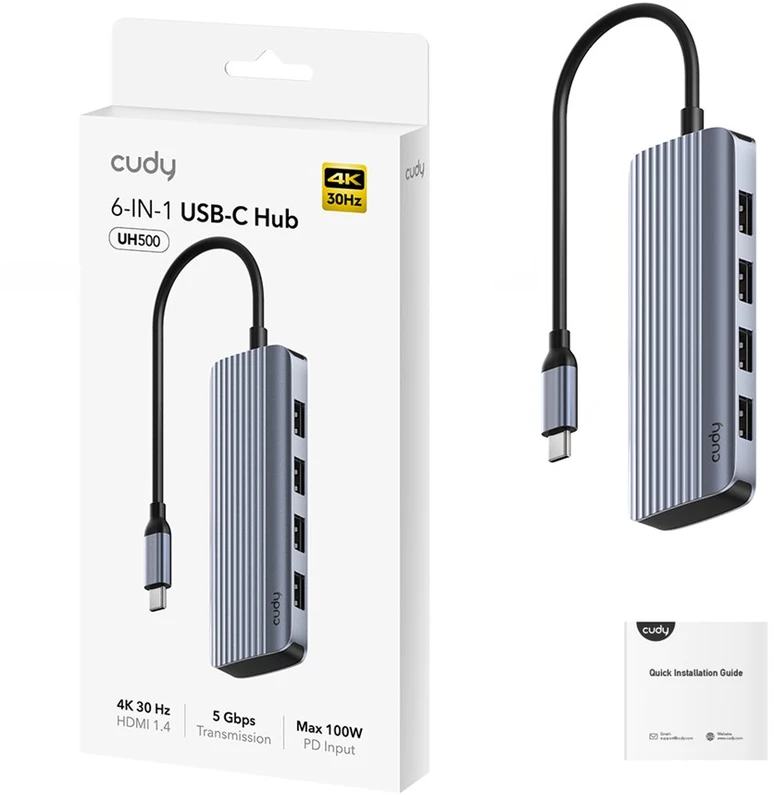 Cudy UH500 laptop dock/port replicator USB 3.2 Gen 1 (3.1 Gen 1) Type-C Pilkas, Sidabrinis