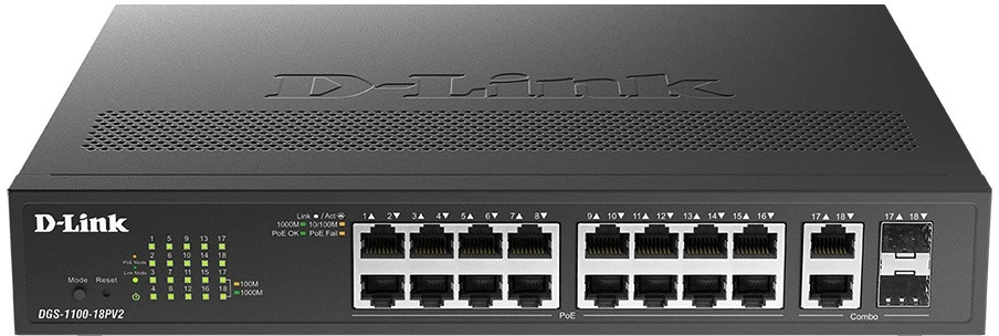 Šakotuvas DLI D-Link DGS-1100-18PV2 tinklo komutatorius Valdomas L2 Gigabit Ethernet (10/100/1000) Maitinimas per Eternetą (PoE) 1U Juoda