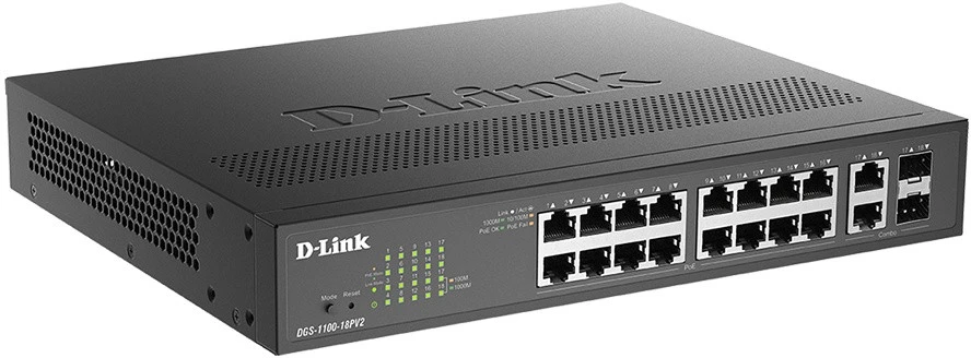 Šakotuvas DLI D-Link DGS-1100-18PV2 tinklo komutatorius Valdomas L2 Gigabit Ethernet (10/100/1000) Maitinimas per Eternetą (PoE) 1U Juoda
