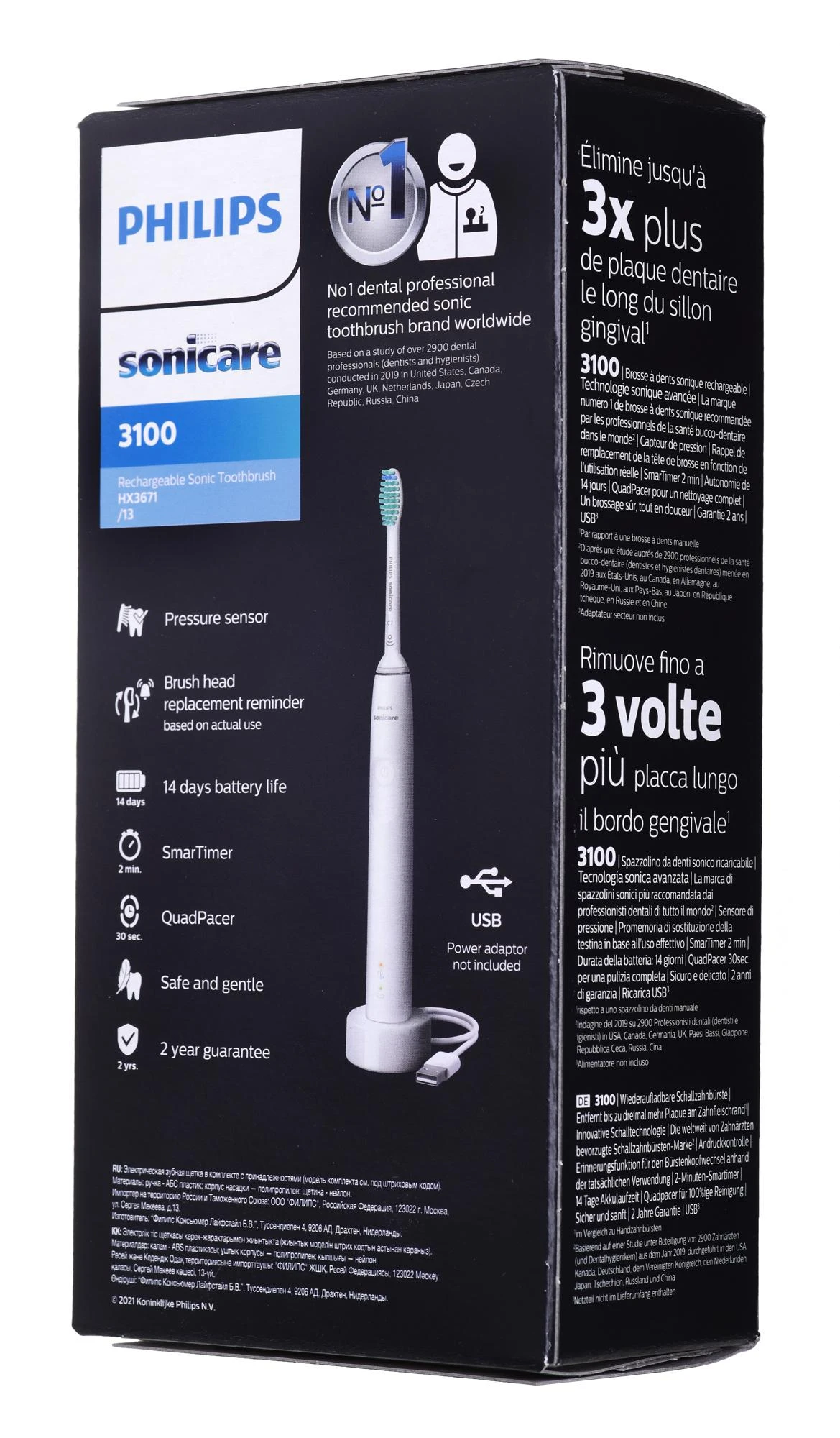Philips Sonicare 3100 series elektrinis dantų šepetėlis HX3671/13, 14 dienų baterija life