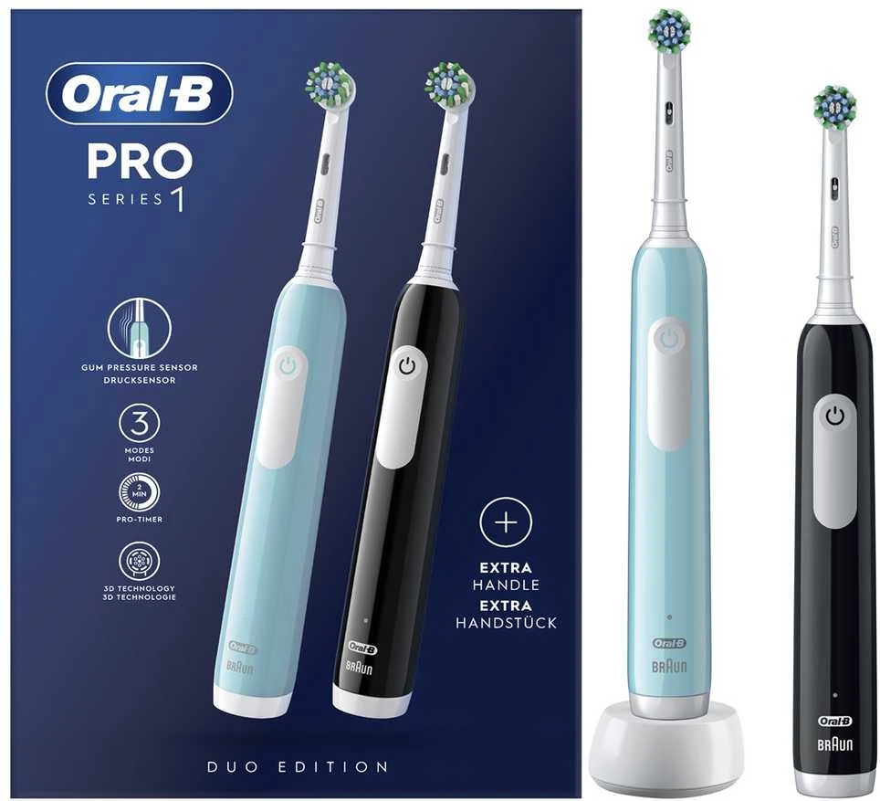 Braun Oral-B | Elektrinis dantų šepetėlis, Duo pack | Pro Series 1 | Įkraunamas | Suaugusiems | Šepetėlių skaičius galvutės įeina 2 | Number of teeth brushing modes 3 | Mėlyna/Juodas