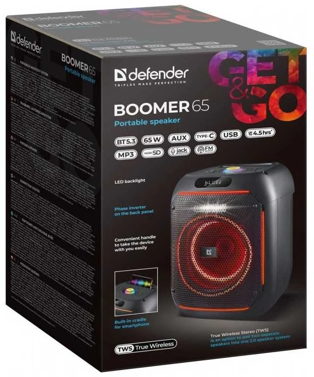 Kompiuterio kolonėlės Defender BOOMER 65 garsiakalbis, 65W, juodas, TWS, AUX/Bluetooth