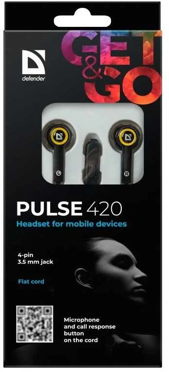 DEFENDER Ausinės mobiliems įrenginiams Pulse 420 juodas + geltona į ausis įkišamos