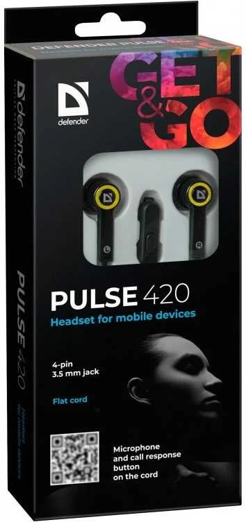 DEFENDER Ausinės mobiliems įrenginiams Pulse 420 juodas + geltona į ausis įkišamos