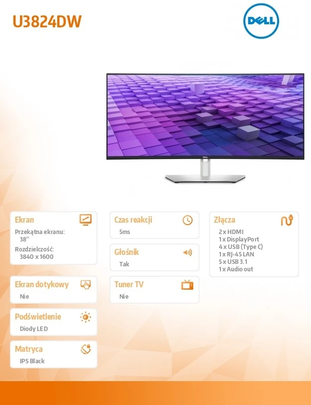 Dell | „UltraSharp“ monitorius | U3824DW | 37,5 colio | IPS | WQHD+ | 21:9 | 60 Hz | 8 ms | 3840 x 1600 | 300 cd/m² | HDMI prievadų kiekis: 2 | Sidabras