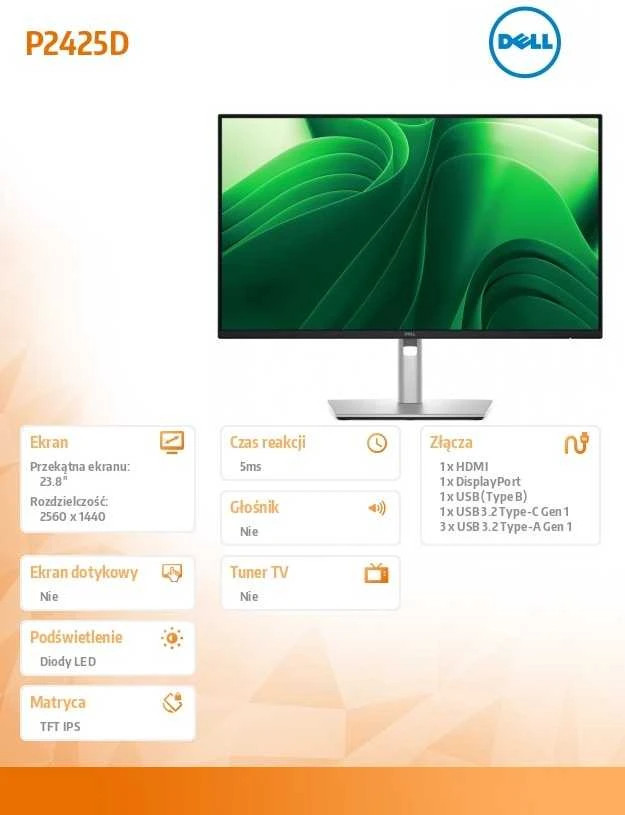 Monitorius Dell Pro Plus P2425D - 100Hz | QHD | 24'' | IPS | 5ms | Garantija 5 lat