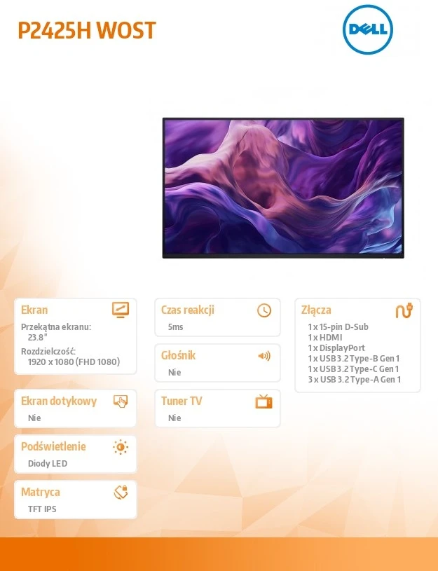 LCD Monitorius Dell P2425H, be stovo, 1920 x 1080 Full HD, 61 cm (24"), 250 cd/m²