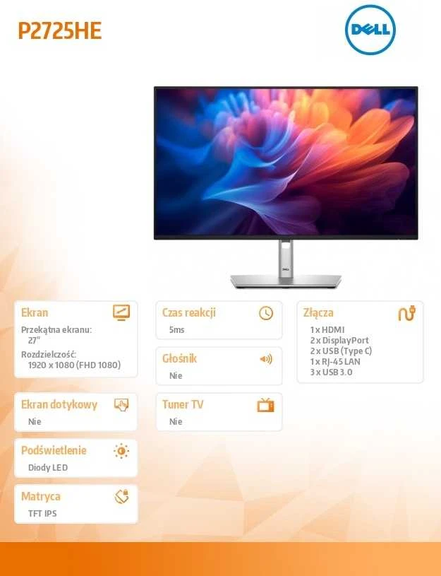 Dell Monitorius 27 cali p2725he ips led full hd (1920x1080)/16:9/hdmi/dp/usb-c/usb/rj45/3y