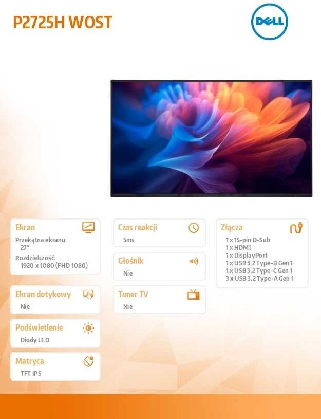 „Dell Monitorius 27“ „Cali P2725HWO“ IPS LED „FullHD“ (1920 x 1080) / 16:9 / HDMI / DP / USB-C / VGA / USB / be podkasto / 3 metai