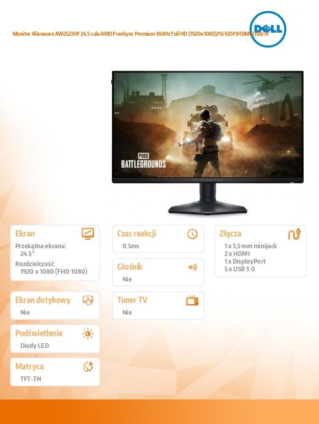 Žaidimų monitorius Dell Alienware AW2523HF / 24.5’’/ IPS / 1920x1080 / 16:9 / 360Hz / Matinis /1 ms reakcijos laikas /Reguliuojamas aukštis / Juodas