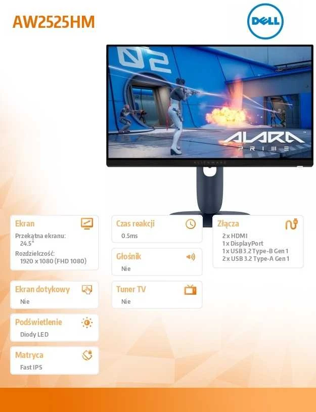 „Dell Monitorius AW2525HM“ 24,5 colio su AMD „FreeSync Premium“ ir „Nvidia G-Sync“, 320 Hz „Full HD“ (1920 x 1080) / 16:9 / DP / 2xHDMI / USB 3.2 / 3 metai AES&PPE