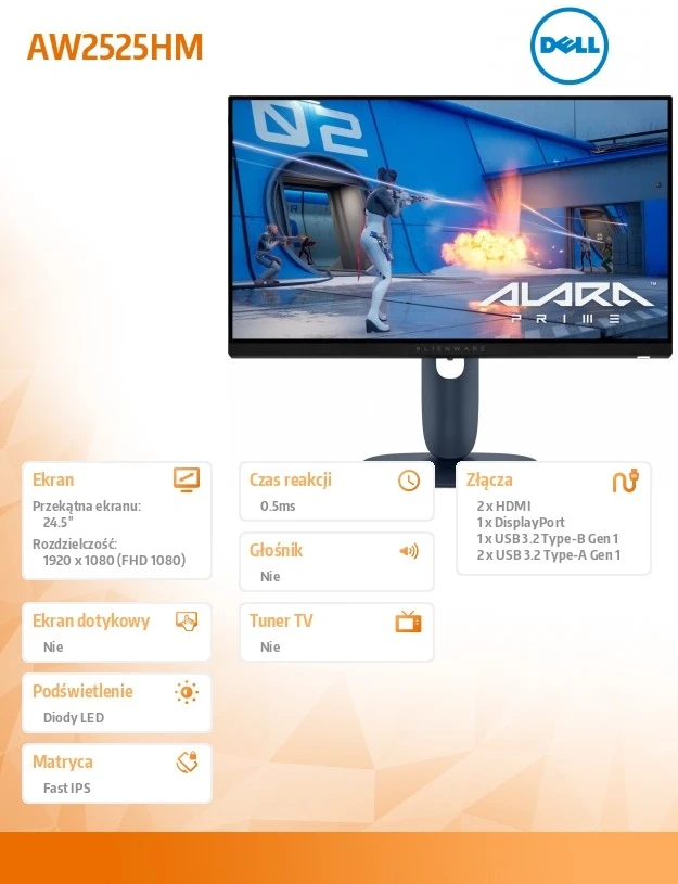 Monitorius Dell | „Alienware AW2525HM“ | 25 colių | Greitas IPS | FHD | 16:9 | 320 Hz | 1 ms | 1920 x 1080 pikselių | 400 cd/m² | HDMI jungčių kiekis: 2
