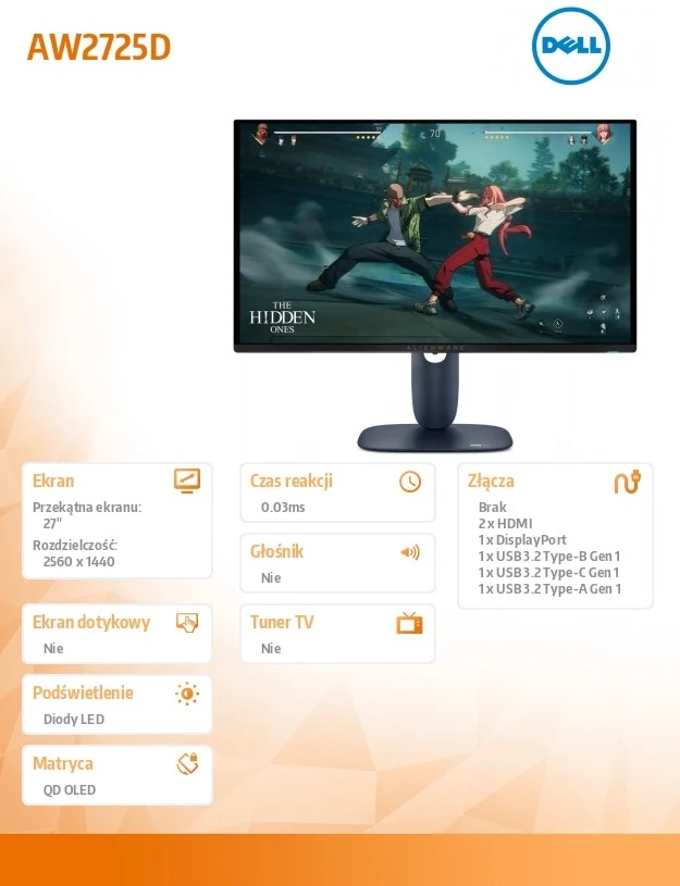 Monitorius Alienware | AW2725D | 27 " | QD-OLED | QHD | 16:9 | 280 Hz | 0.03 ms | 2560 x 1440 pikselių | 250 cd/m² | HDMI 2x