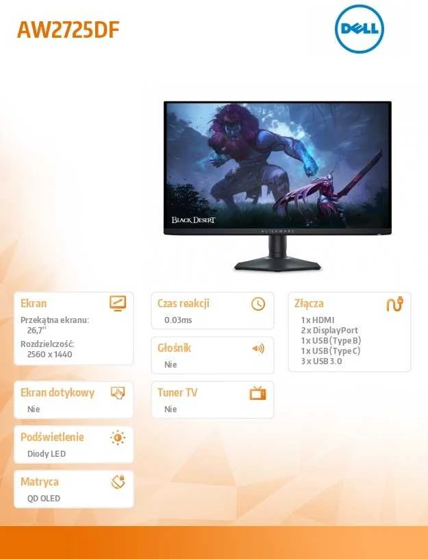 Dell Alienware 27 QD-OLED Gaming Monitorius - AW2725DF - 67.82cm (Pažeista pakuotė)