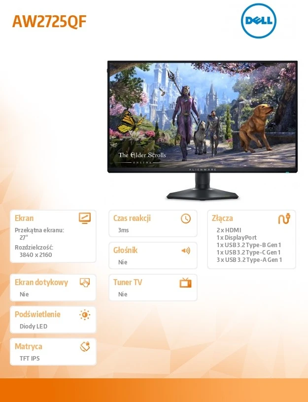 Dell Alienware aw2725qf monitorius komputerowy 68,6 cm (27") 3840 x 2160 px 4k ultra hd lcd juoda