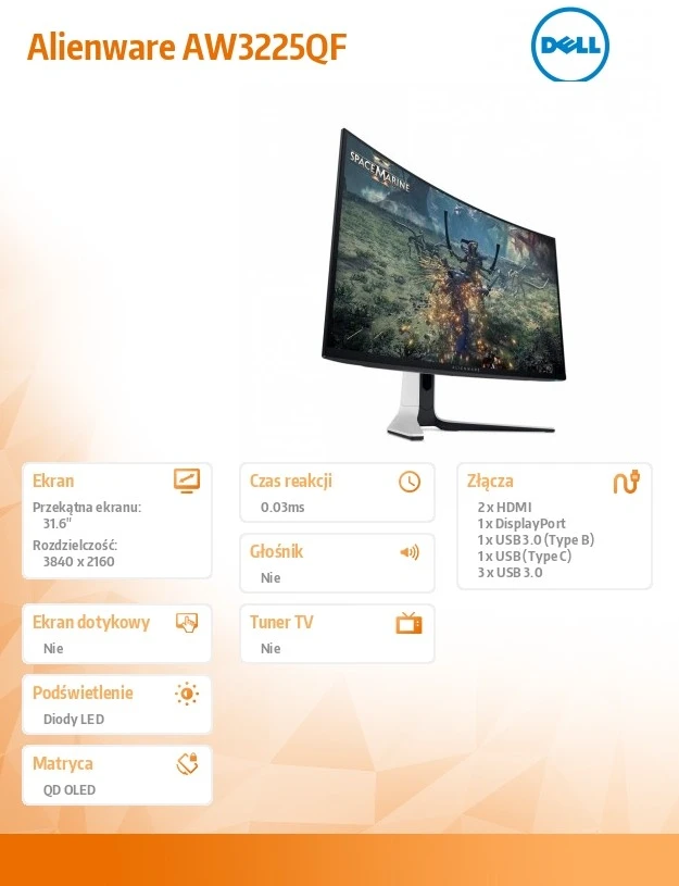 Dell | Išlenktas žaidimų monitorius | AW3225QF | 31,6 colio | OLED | 4K UHD | 16:9 | 240 Hz | 0,03 ms | 3840 x 2160 pikselių | 1000 cd/m² | Maitinimo jungtis, apsaugos užrakto lizdas, valdymo svirtis, USB-A, USB-B, USB-C, HDMI, „DispalyPort“ | HDMI prievadų kiekis: 2 | Balta / juoda | Garantija 36 mėn.