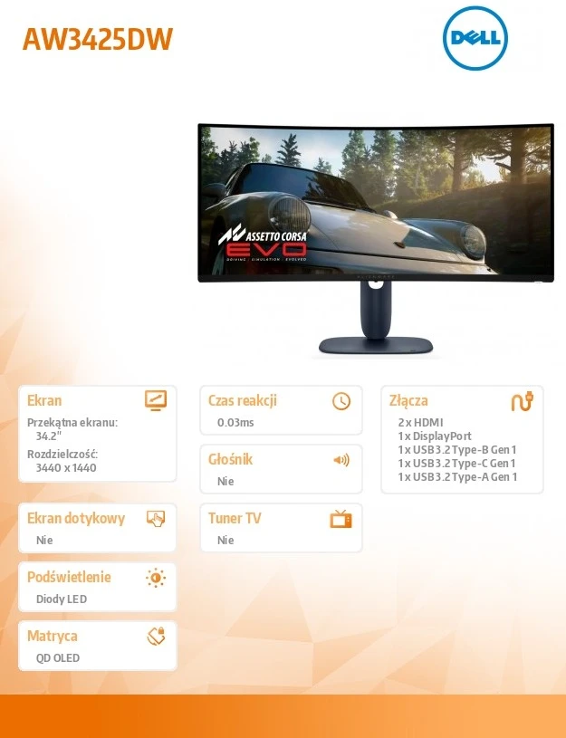 Išlenktas žaidimų monitorius DELL Alienware AW3425DW 34,2" UWQHD OLED, 240Hz, 0,03ms, HDMI/DP/USB-C