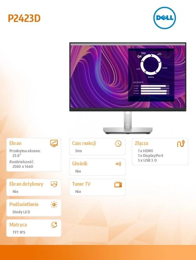 Monitorius Dell LCD P2423D/ 23.8" / IPS / 2560x1440/ 16:9 / 60Hz / 5 ms reakcijos laikas / 300 cd/m² / Reguliuojamas aukštis ir pasvirimas/ Matinis / 210-BDEG