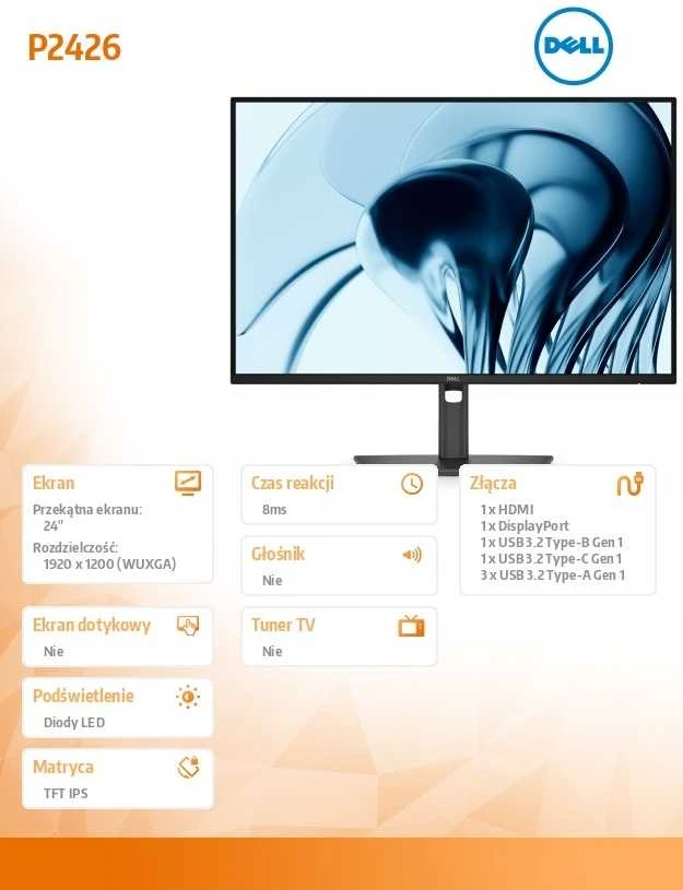 Monitorius Dell P2426 - 100Hz | 1920 x 1200 | IPS | 24.1" | USB-C PD15W