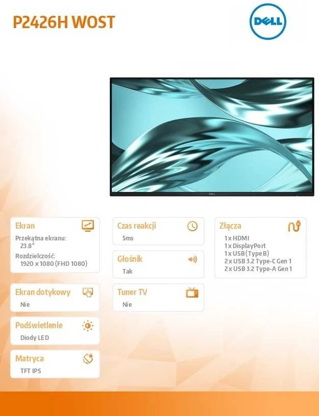 Monitorius „Dell P2426H WOST“ 23,8 colio IPS FHD (1920 x 1080) / 16:9 / HDMI / DP / 3xUSB / 2xUSB-C / be stovo / 3 metų garantija